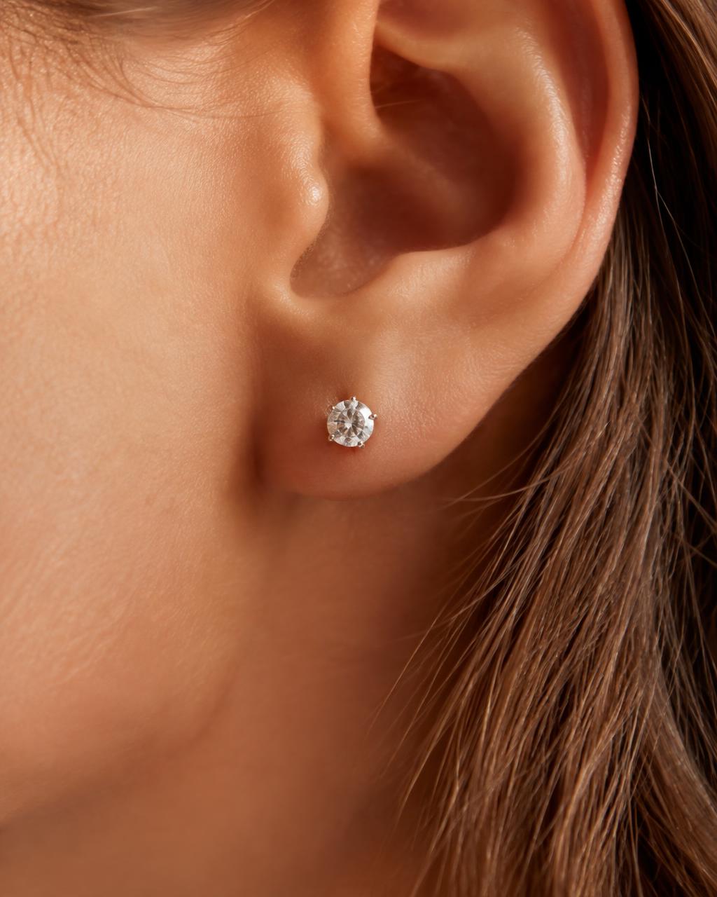 Close-up of a round diamond stud on an ear