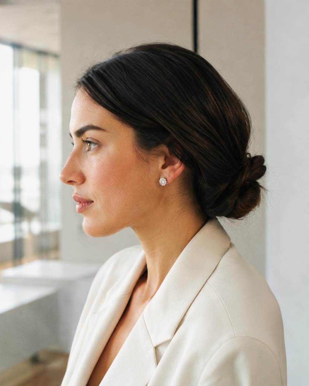 Woman in a blazer wearing diamond studs